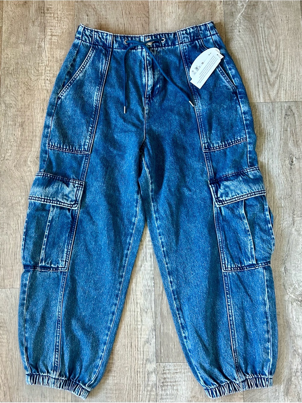 Women’s Blue Denim Cargo Jeggings with Drawstring Waist